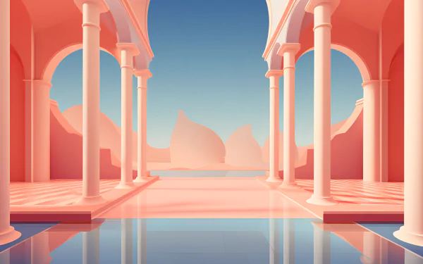 Artistic HD wallpaper featuring a stylized pink aesthetic with an elegant corridor framed by arches and reflecting water, set against a serene desert backdrop.