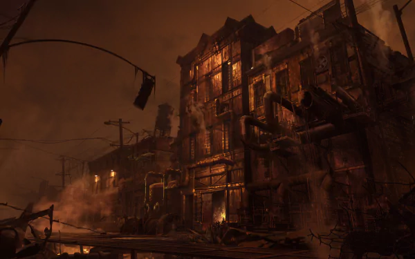 HD wallpaper of a haunting Silent Hill: Ascension scene featuring a dilapidated building amidst eerie fog.