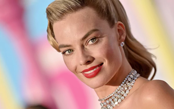HD desktop wallpaper featuring Margot Robbie, captured in a glamorous look with a dazzling necklace, promoting the movie Barbie (2023).