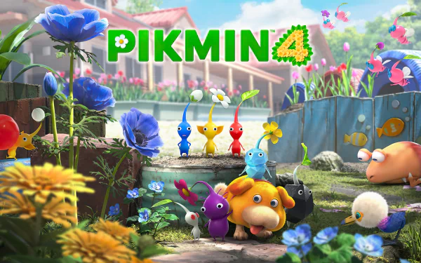 HD desktop wallpaper of Pikmin 4 featuring colorful Pikmin characters and creatures in a vibrant garden setting.