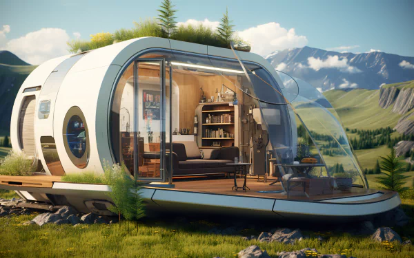 HD desktop wallpaper of a futuristic tiny house featuring sleek, glass-heavy architecture set against a lush mountainous backdrop.