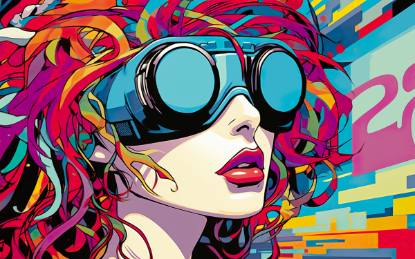 HD desktop wallpaper featuring a colorful Y2K-inspired illustration of a person wearing goggles with abstract design elements in the background.