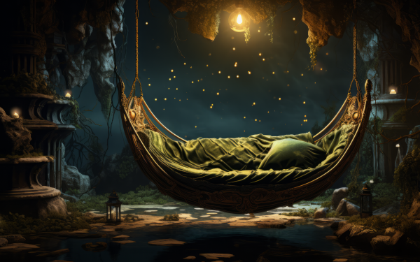 Enchanting AI art of a hammock in a mystical forest setting with glowing lights as a high-definition desktop wallpaper and background.