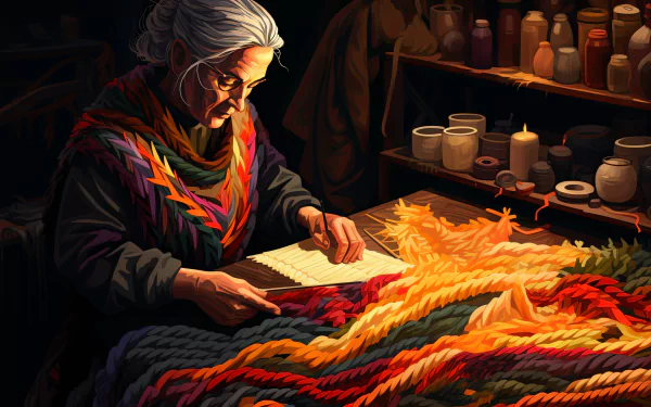 Artistic HD wallpaper of an AI-generated grandmother figure weaving a vibrant, colorful textile in a cozy, dimly-lit setting, surrounded by pottery.