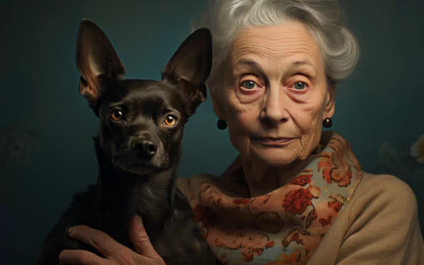 A striking AI art image of a grandmother with silver hair, wearing a floral scarf, posing closely with a black dog, set against a soft, muted background, creating a warm, engaging atmosphere.
