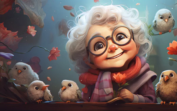 A vibrant AI art illustration of a cheerful grandmother with curly white hair and glasses, surrounded by cute birds and flowers, designed as a high-definition desktop wallpaper.