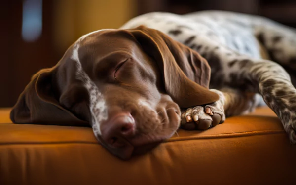 HD image of a sleeping German Shorthaired Pointer puppy on a sofa, suitable as a peaceful desktop wallpaper or background.