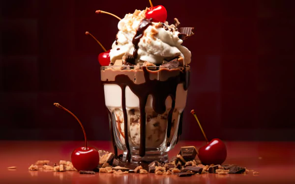 A delicious ice cream sundae topped with whipped cream and cherries, set against a rich red background, creating a vibrant HD wallpaper for dessert lovers.