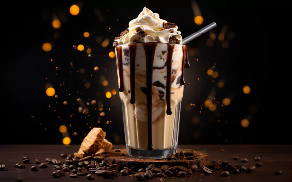 HD wallpaper of a decadent coffee milkshake, topped with whipped cream and chocolate syrup, surrounded by coffee beans and cookie crumbs, set against a dark, sparkling backdrop.