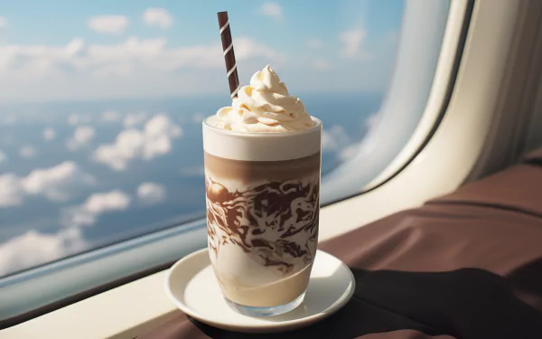 HD desktop wallpaper featuring a delicious coffee and vanilla milkshake with whipped cream, served on a plane next to a window overlooking the clouds.