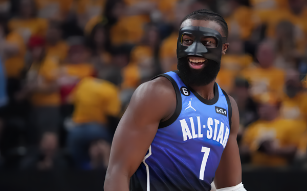 NBA All-Star basketball player wearing number 7 jersey, with protective mask, smiling on the court – HD desktop wallpaper and background.