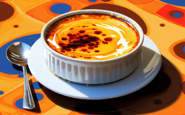 Alt Text: High-definition desktop wallpaper featuring a delicious Crème Brûlée in a white ramekin with a caramelized top, accompanied by a spoon on a colorful, abstract background.
