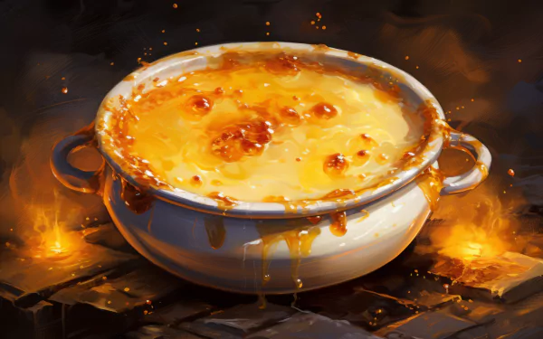 A beautifully rendered crème brûlée in a rustic dish, showcasing its caramelized top and creamy texture. This image serves as an elegant HD desktop wallpaper.
