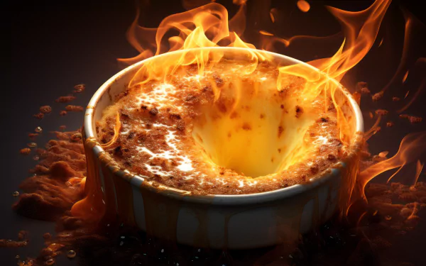 HD wallpaper of a flaming Crème Brûlée dessert against a dark background with caramelized sugar topping ablaze, showcasing culinary art for desktop backgrounds.