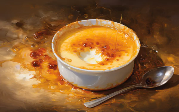 A delicious crème brûlée in a white ramekin with caramelized sugar on top, set against a warm, blurred background, creating an enticing HD desktop wallpaper.