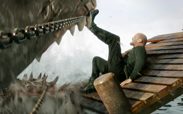 HD desktop wallpaper from Meg 2: The Trench featuring a man on a boat struggling against a gigantic shark.