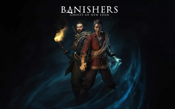 HD desktop wallpaper featuring the key artwork for Banishers: Ghosts of New Eden, depicting two protagonists with mystical elements in a dark, atmospheric setting.