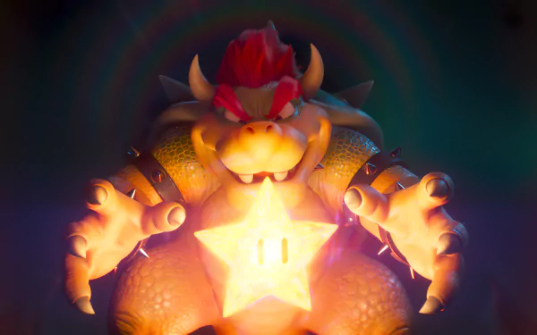 HD desktop wallpaper from the 2023 Super Mario Bros. movie featuring Bowser holding a glowing star.