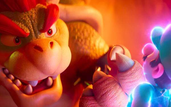 HD desktop wallpaper from Super Mario Bros. Movie (2023) featuring a close-up of Bowser in an intense encounter.