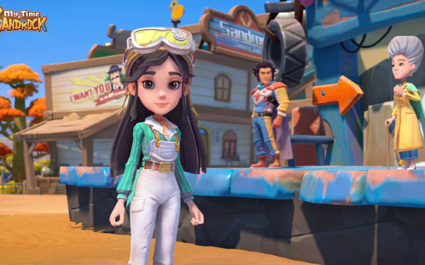 HD desktop wallpaper from My Time at Sandrock featuring a female character in the foreground with town scenes and other characters in the background.