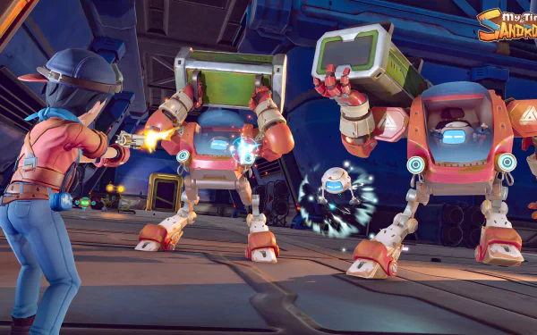 HD desktop wallpaper from the video game My Time at Sandrock, featuring a character battling robots in a futuristic setting.