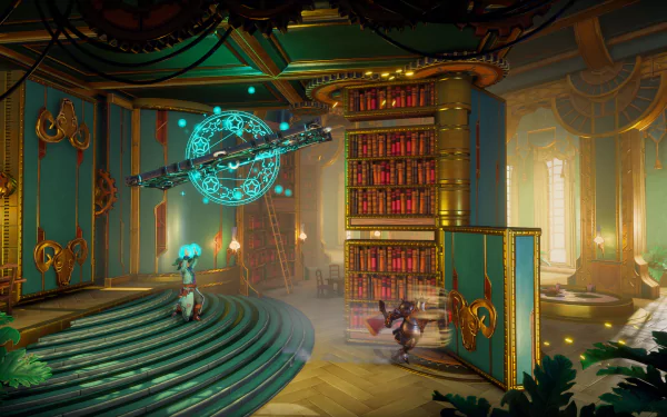 HD desktop wallpaper from Trine 5: A Clockwork Conspiracy featuring characters in a richly detailed library with mystical elements.