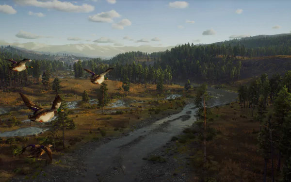HD desktop wallpaper from Way of the Hunter featuring a scenic view of a forest with a river and flying ducks.