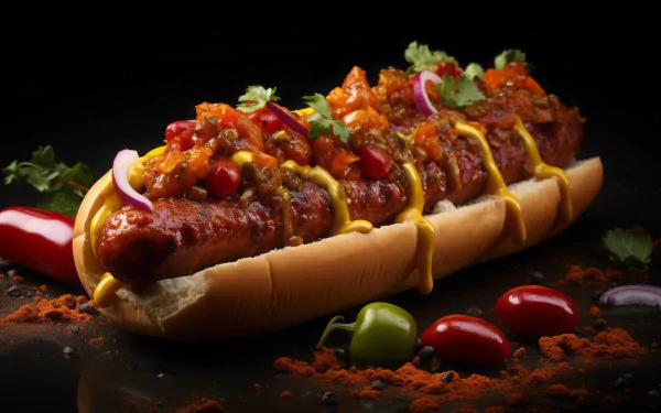 A vibrant chili dog topped with colorful ingredients, nestled in a bun, sits against a dark backdrop, surrounded by fresh peppers and spices, making a mouthwatering HD desktop wallpaper.
