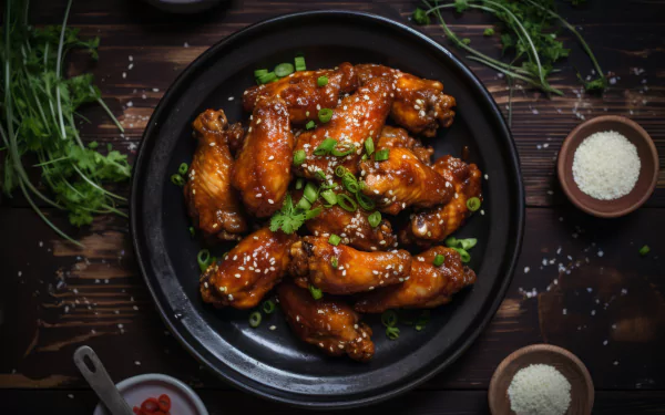 A tempting display of chicken wings glazed with sauce, garnished with green onions and sesame seeds, surrounded by herbs and spices, creating a mouthwatering food-themed HD desktop wallpaper.