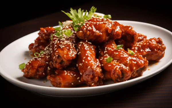 HD desktop wallpaper of delicious glazed chicken wings garnished with sesame seeds and green onions on a white plate.