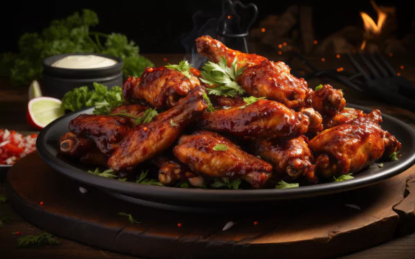 A delicious arrangement of golden chicken wings garnished with fresh herbs, served on a rustic platter, accompanied by dipping sauce—an enticing food-themed HD desktop wallpaper.