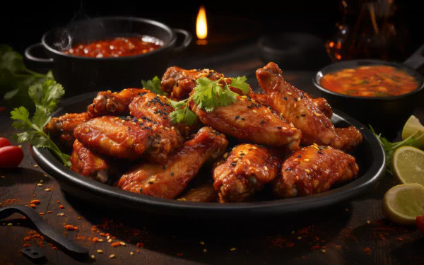 A tempting display of chicken wings garnished with herbs, served on a black plate with dipping sauces, creating an inviting and flavorful food-inspired HD desktop wallpaper.
