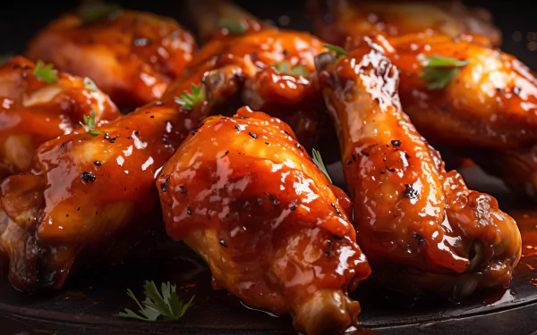 HD wallpaper of juicy glazed chicken wings with fresh herbs for desktop background.