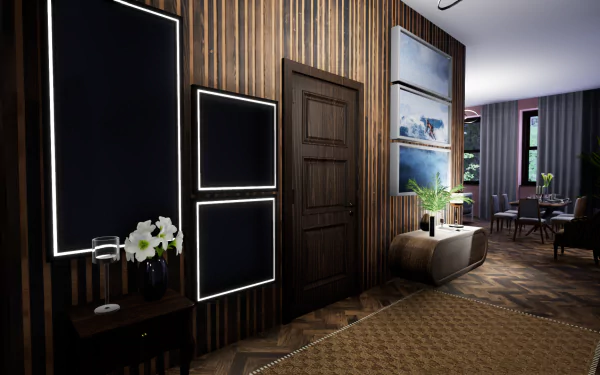 HD desktop wallpaper from Hotel Renovator video game, featuring a stylishly renovated dark-toned hotel room with sophisticated decor and mood lighting.