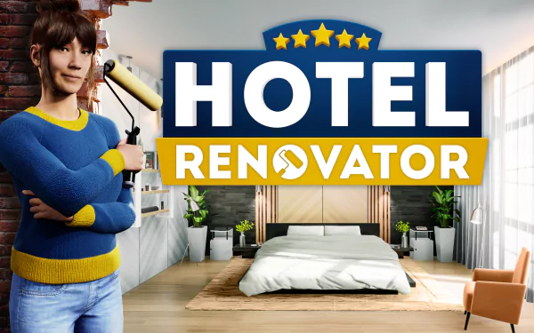 HD desktop wallpaper for Hotel Renovator video game featuring a woman holding a paint roller with a renovated hotel room background.