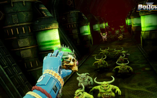 HD desktop wallpaper from Warhammer 40,000: Boltgun video game featuring a first-person view of a space marine's arm holding a bolter facing small green creatures in a dark corridor.