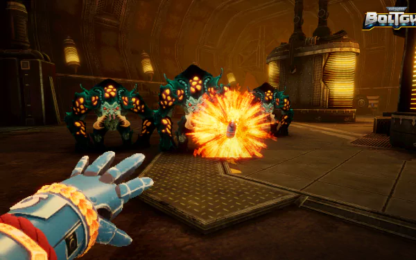 HD desktop wallpaper from Warhammer 40,000: Boltgun featuring a vivid in-game battle scene with an explosion and menacing creatures approaching the player's character.