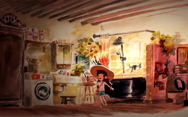 HD desktop wallpaper featuring a scene from the video game Dordogne, depicting a young girl in a sunlit, rustic kitchen, painted in warm, watercolor styles.