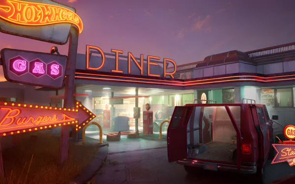 HD wallpaper from Hot Wheels Unleashed 2: Turbocharged featuring a neon-lit diner scene with a classic van parked outside.