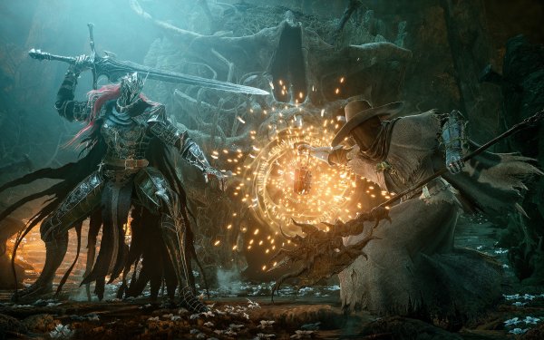 HD wallpaper featuring an epic battle scene from Lords Of The Fallen with a heavily armored warrior confronting an enemy amidst magical special effects.