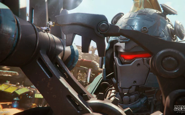 HD desktop wallpaper from Ratchet & Clank: Rift Apart featuring a detailed close-up of a mechanical character in combat gear.