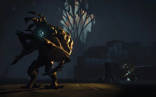 HD desktop wallpaper from the video game Edge of Nowhere featuring a thrilling scene with a large, monstrous creature confronting a small figure in a dark, eerie environment.