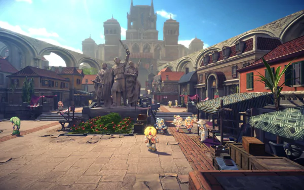 HD desktop wallpaper from Star Ocean: The Second Story R depicting a vibrant game scene with characters exploring a bustling town square.