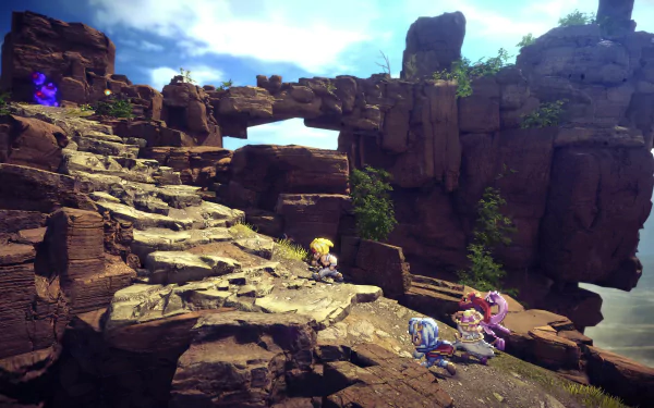 HD wallpaper of Star Ocean: The Second Story R featuring characters exploring a rugged, rocky landscape with an ancient stone bridge.