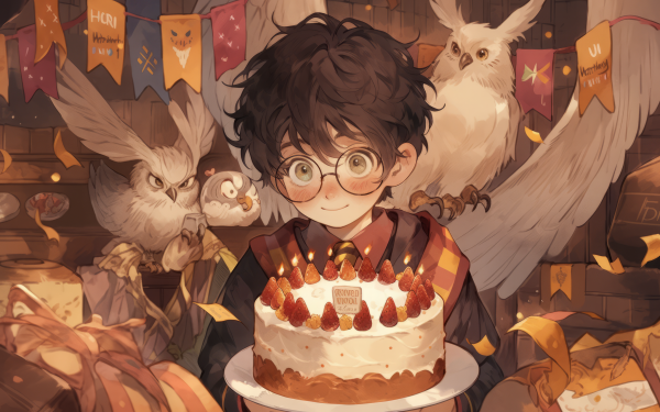 HD Harry Potter themed desktop wallpaper featuring an artistic illustration of a young boy with glasses, resembling the famous wizard, holding a birthday cake surrounded by owls and house banners.