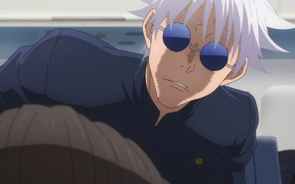 HD desktop wallpaper featuring a scene with Satoru Gojo from Jujutsu Kaisen 2nd Season, showcasing the character in cool sunglasses with a serious expression.