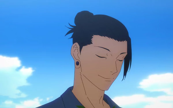 HD desktop wallpaper featuring Suguru Geto from Jujutsu Kaisen 2nd Season with a serene blue sky background.