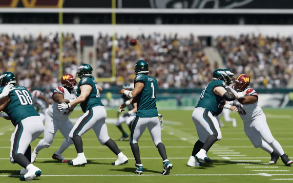 HD wallpaper of a Madden NFL 24 gameplay scene, featuring a football match with dynamic player action on the field.