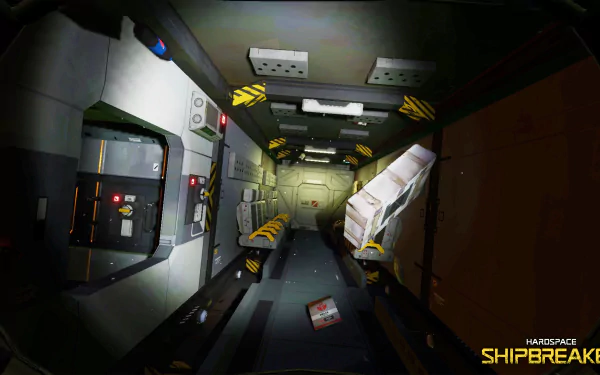 HD desktop wallpaper from Hardspace: Shipbreaker featuring a dimly lit spacecraft corridor with floating debris and ambient lighting.