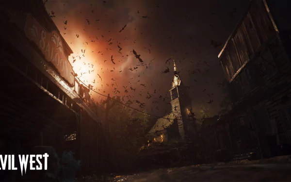 HD desktop wallpaper featuring a dramatic scene from the video game Evil West, with bats swarming over a dimly lit, eerie western town.